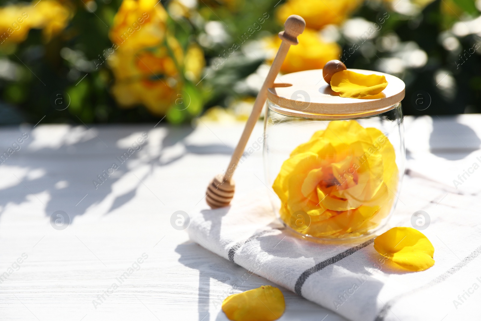 Photo of Glass jar with yellow rose and honey dipper on white wooden table in blooming garden, space for text