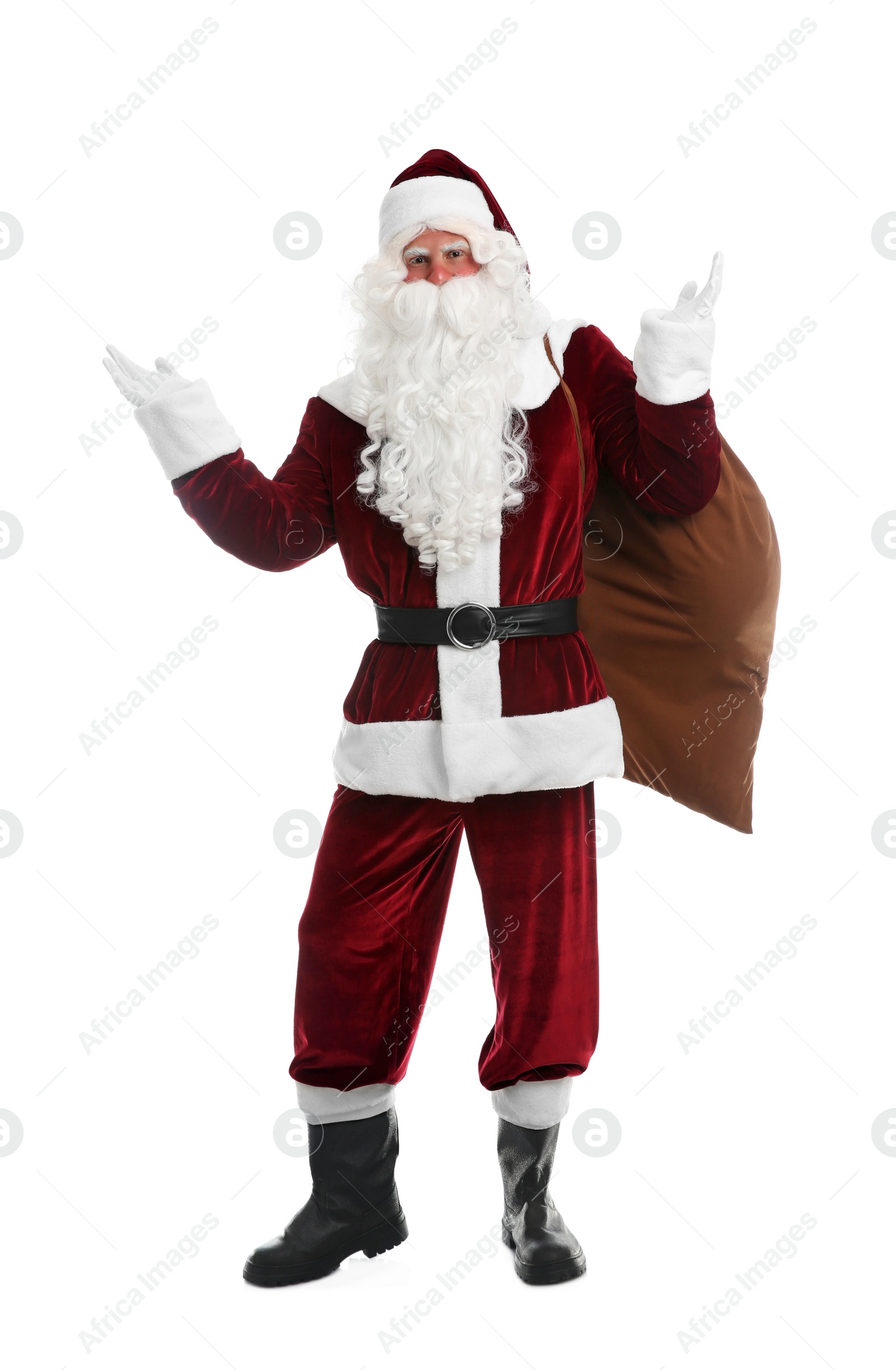 Photo of Santa Claus with sack on white background