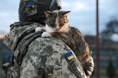 Photo of Little stray cat on Ukrainian soldier's shoulder outdoors, closeup