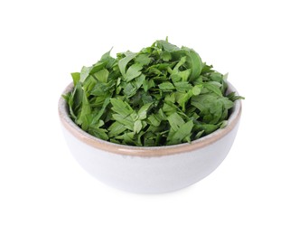 Photo of Chopped parsley leaves in bowl isolated on white