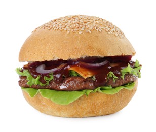 Delicious cheeseburger with lettuce, onion, ketchup and patty isolated on white