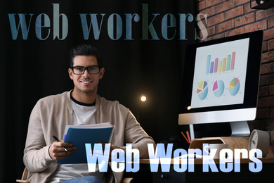 Image of Man with notebook at workplace in office. Web workers