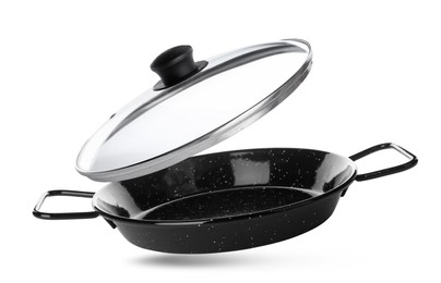 Image of New pan and glass lid on white background