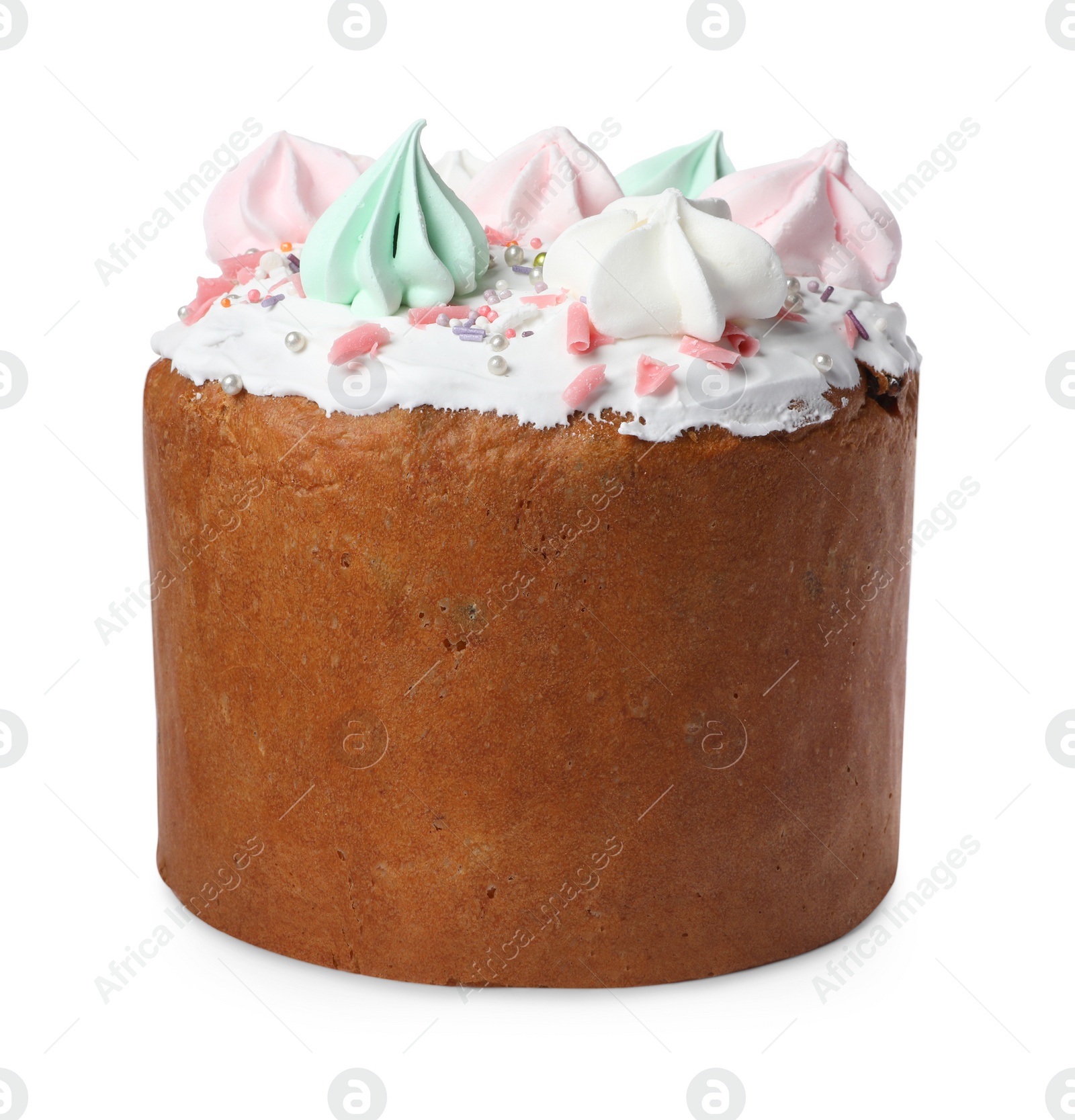 Photo of Traditional Easter cake with sprinkles and meringues isolated on white