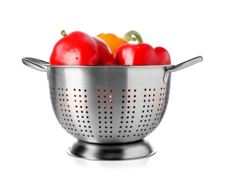 Photo of Colander with fresh bell peppers isolated on white