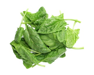 Pile of fresh spinach leaves isolated on white, top view