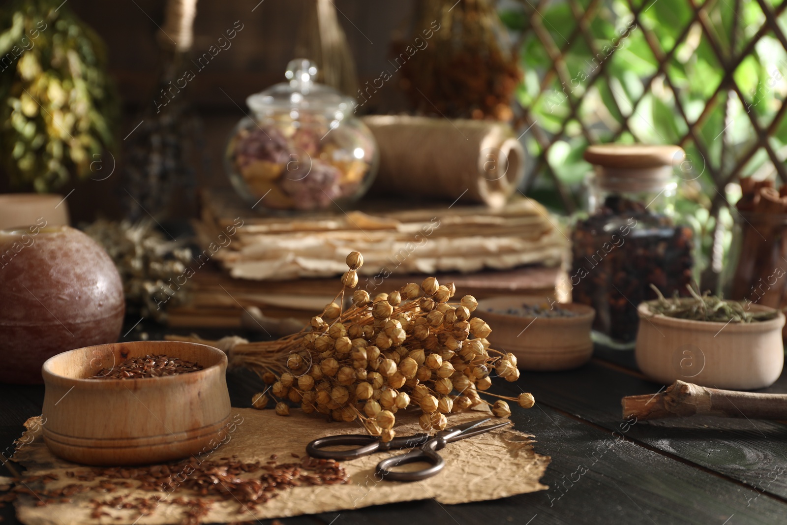 Photo of Different dry flowers, flax seeds and scissors on black wooden table indoors