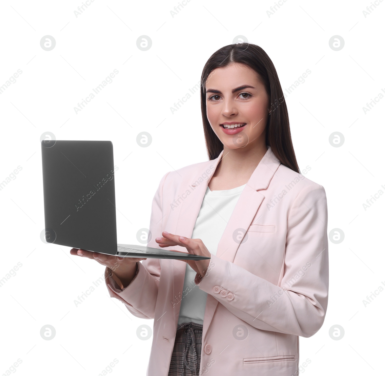 Photo of Beautiful businesswoman using laptop on white background