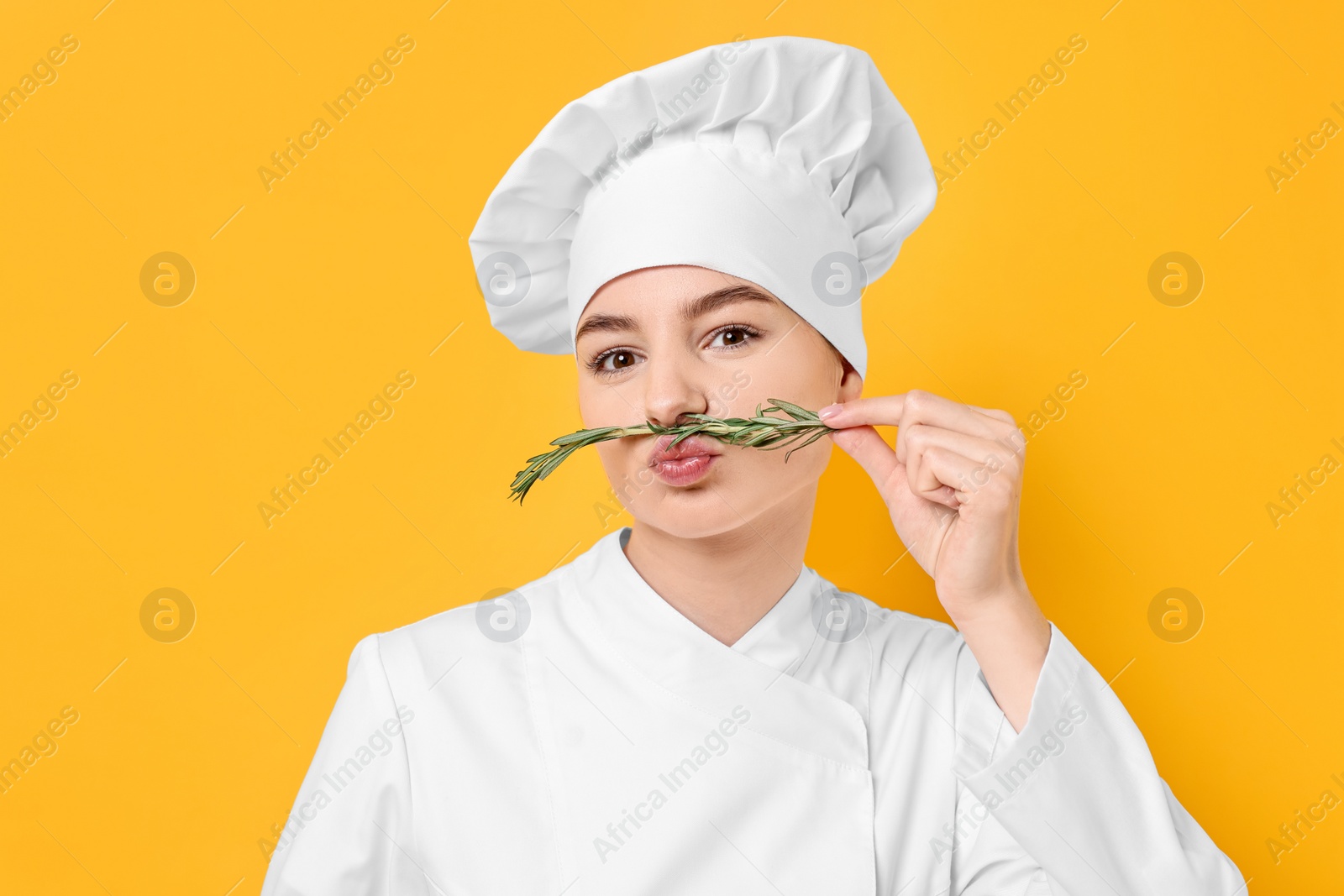 Photo of Professional chef with fresh rosemary having fun on yellow background