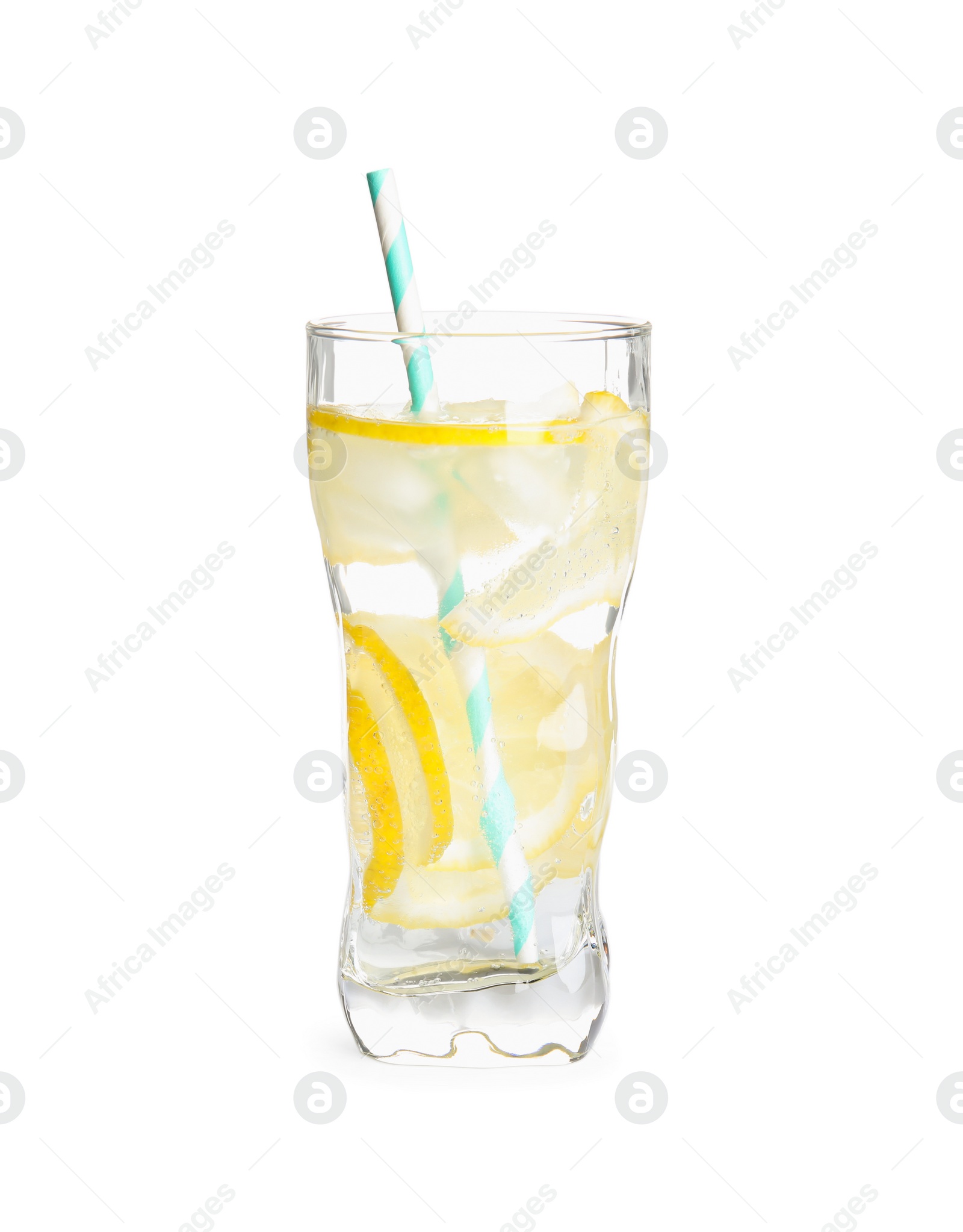 Photo of Soda water with lemon slices and ice cubes isolated on white