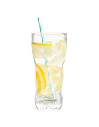 Photo of Soda water with lemon slices and ice cubes isolated on white