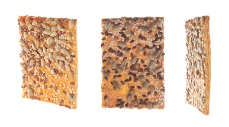 Collage of tasty crackers with seeds on white background