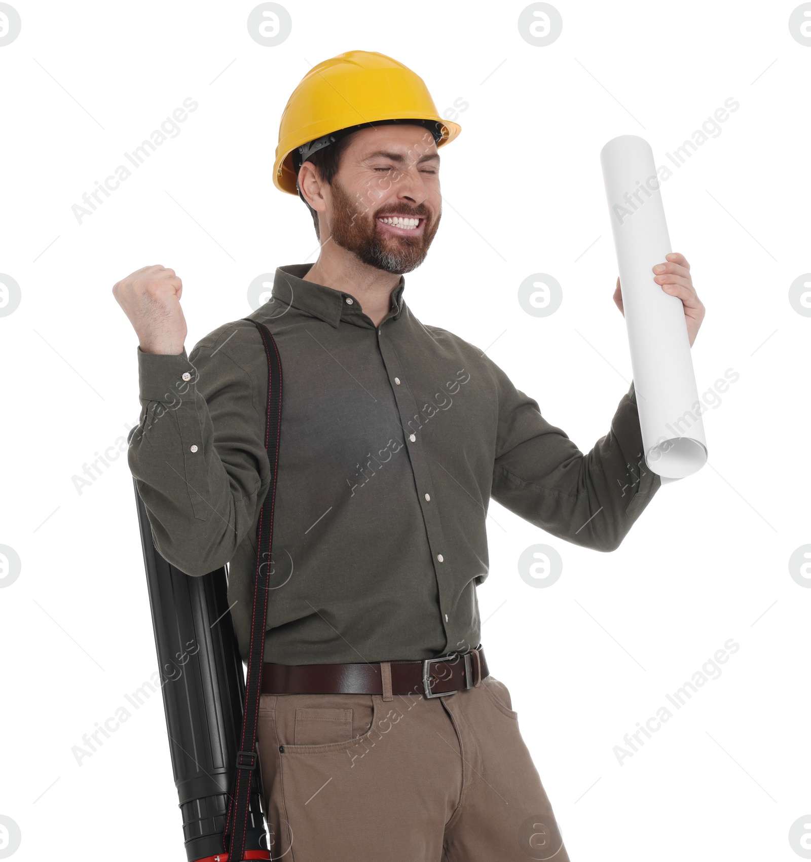 Photo of Architect in hard hat with drawing tube and draft on white background