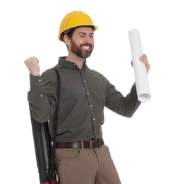 Architect in hard hat with drawing tube and draft on white background