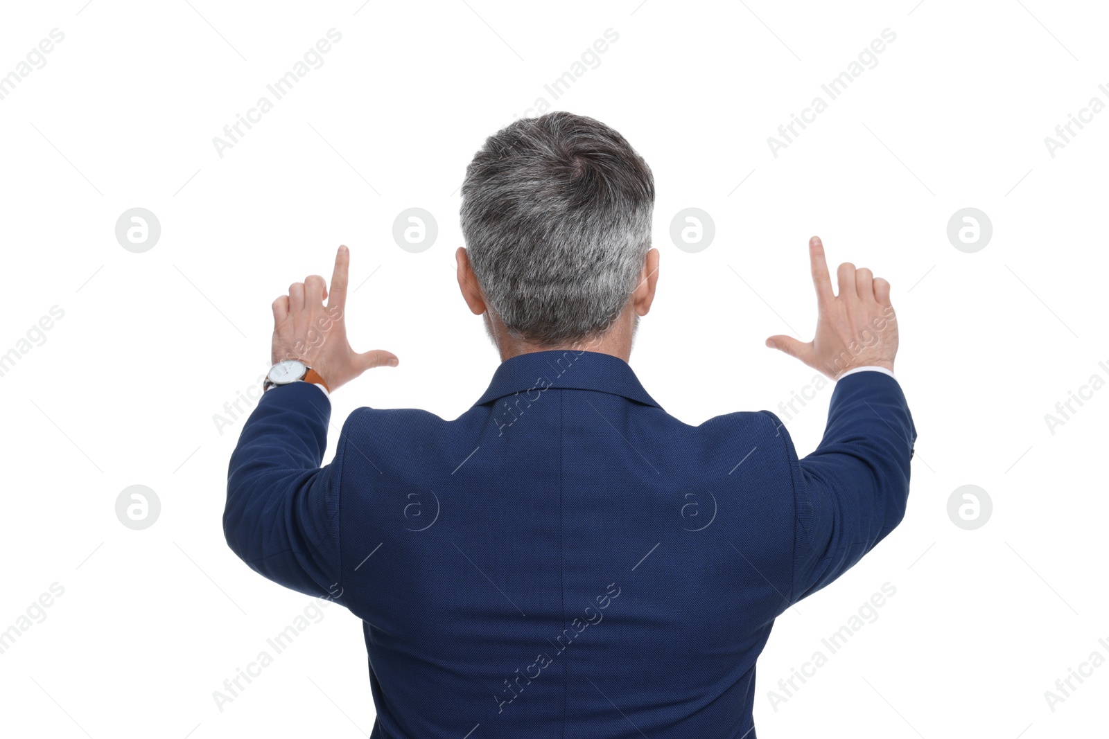 Photo of Mature businessman in stylish clothes posing on white background, back view