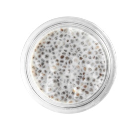 Photo of Jar of tasty chia seed pudding isolated on white, top view