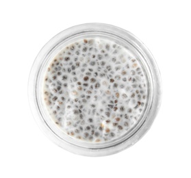 Jar of tasty chia seed pudding isolated on white, top view