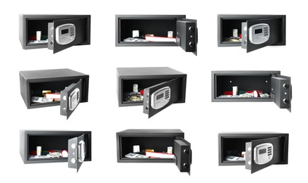Image of Open black steel safe with money on white background, view from different sides