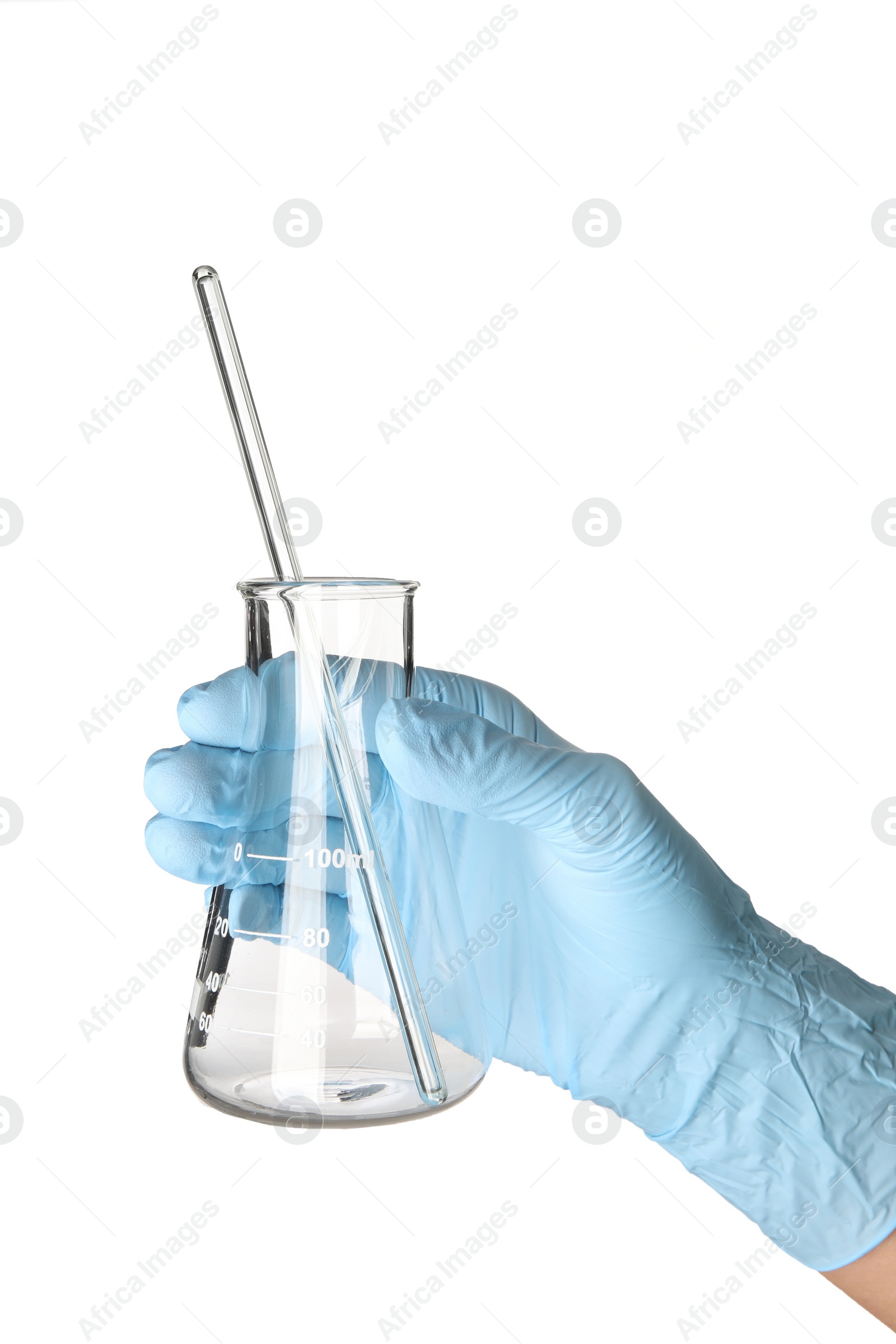 Photo of Scientist with flask and pipette on white background, closeup