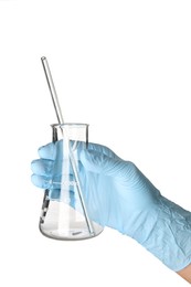 Photo of Scientist with flask and pipette on white background, closeup