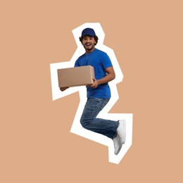 Happy courier with parcel jumping on beige background