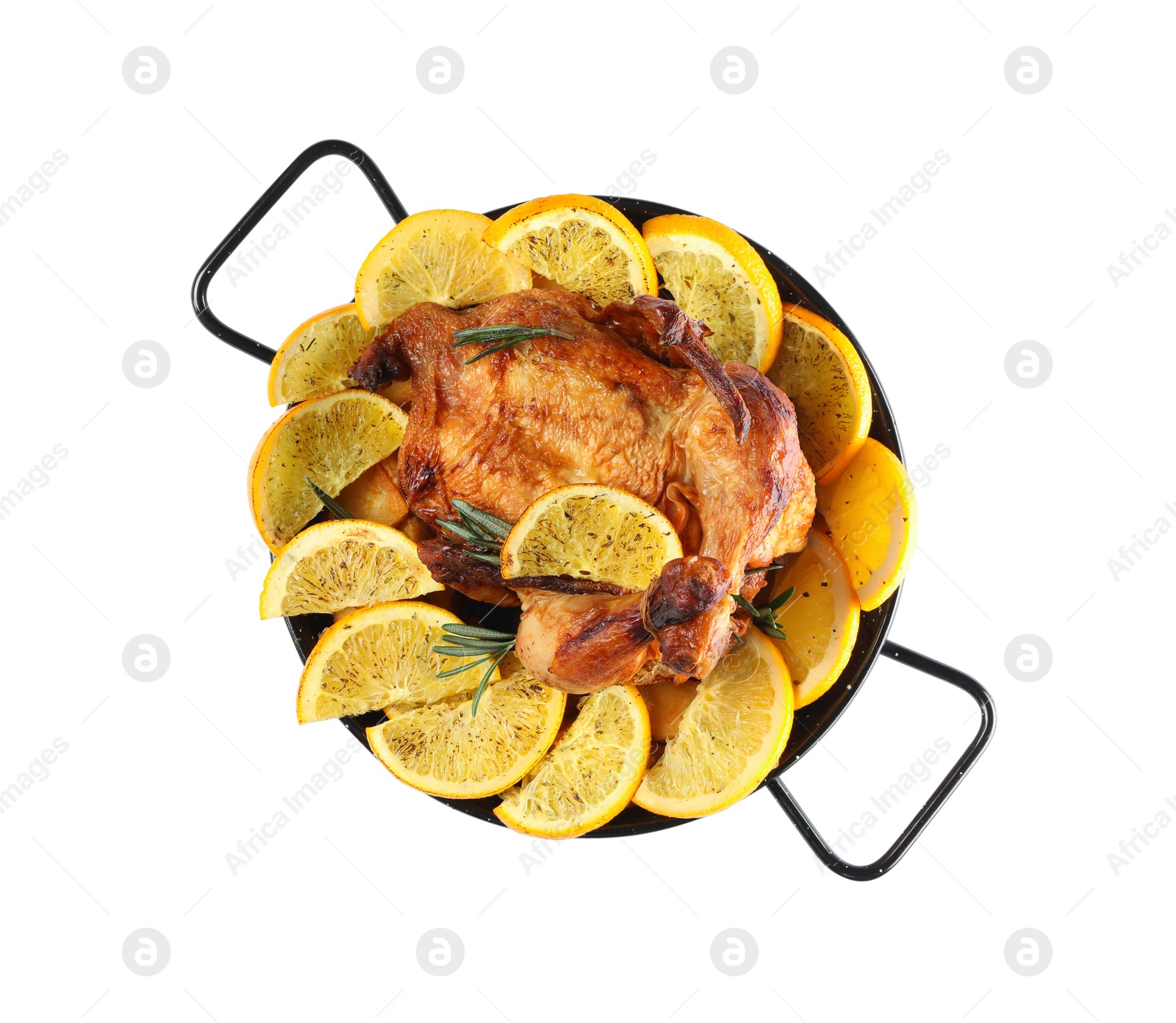 Photo of Chicken with orange slices in baking pan isolated on white, top view