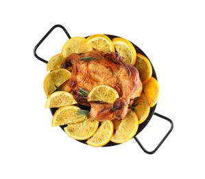 Photo of Chicken with orange slices in baking pan isolated on white, top view