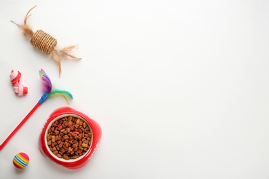 Photo of Cat's accessories and food on white background