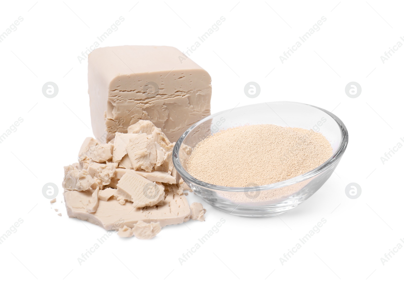 Photo of Compressed and granulated yeast isolated on white