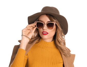 Photo of Young woman wearing stylish sunglasses and hat on white background