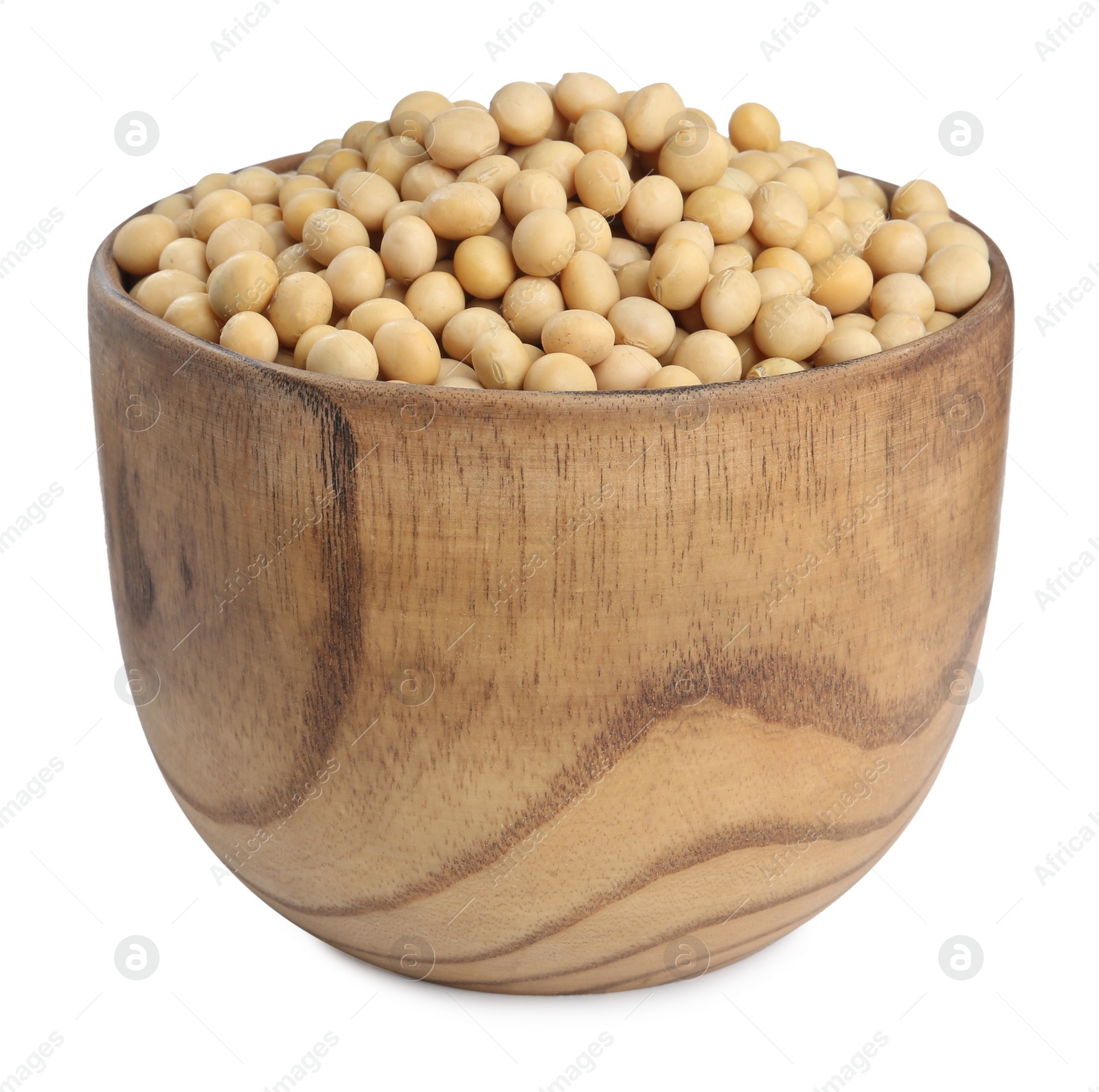 Photo of Soya beans in wooden bowl isolated on white