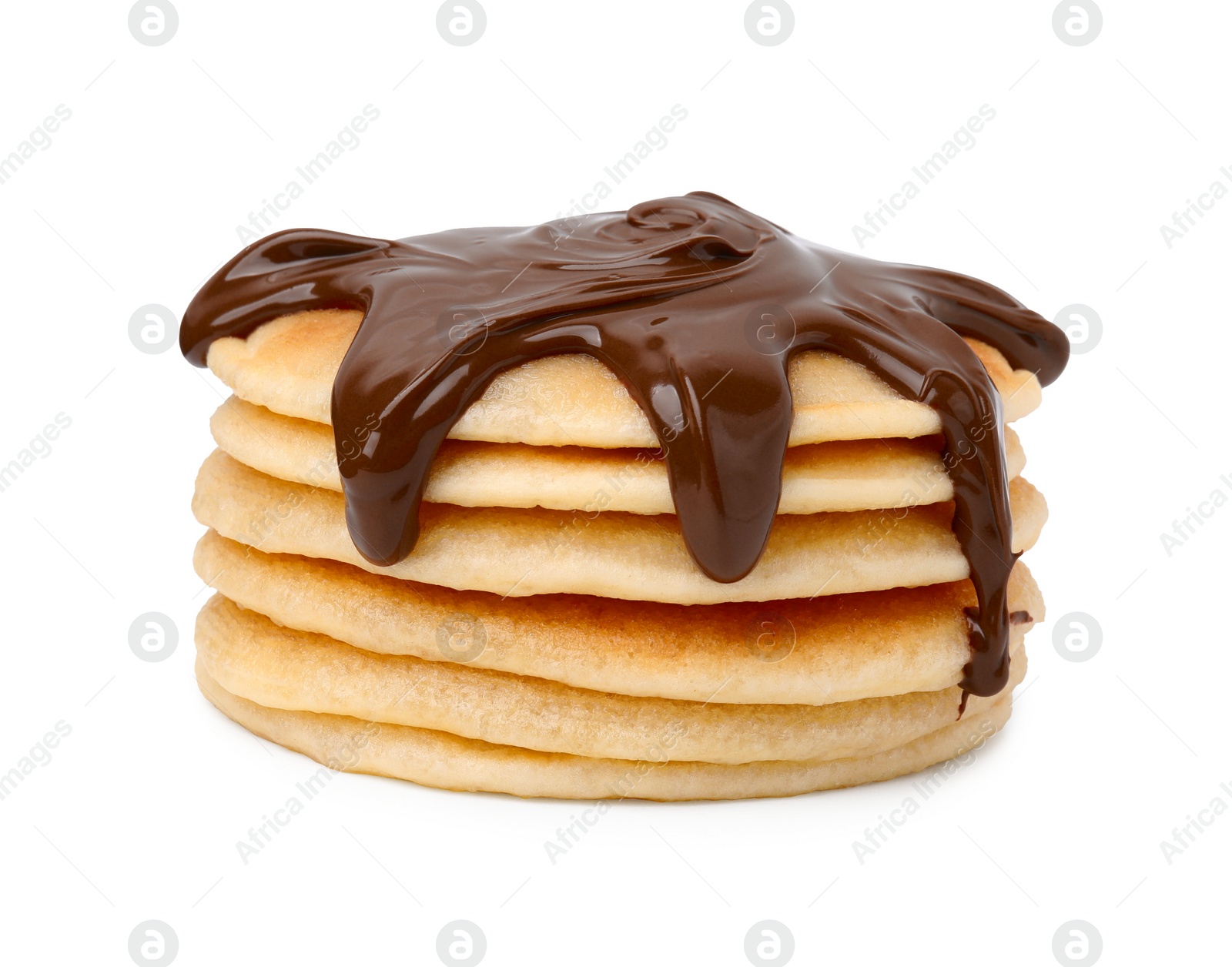 Photo of Stack of tasty pancakes with chocolate spread isolated on white