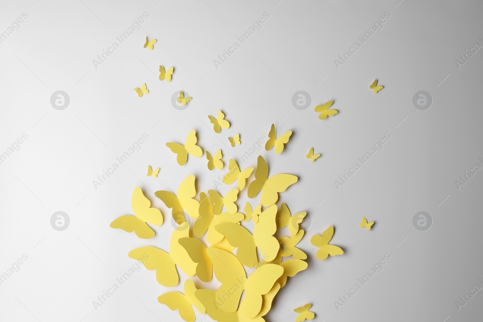 Photo of Yellow paper butterflies on white background, top view