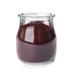 Photo of Jar with acai powder on white background