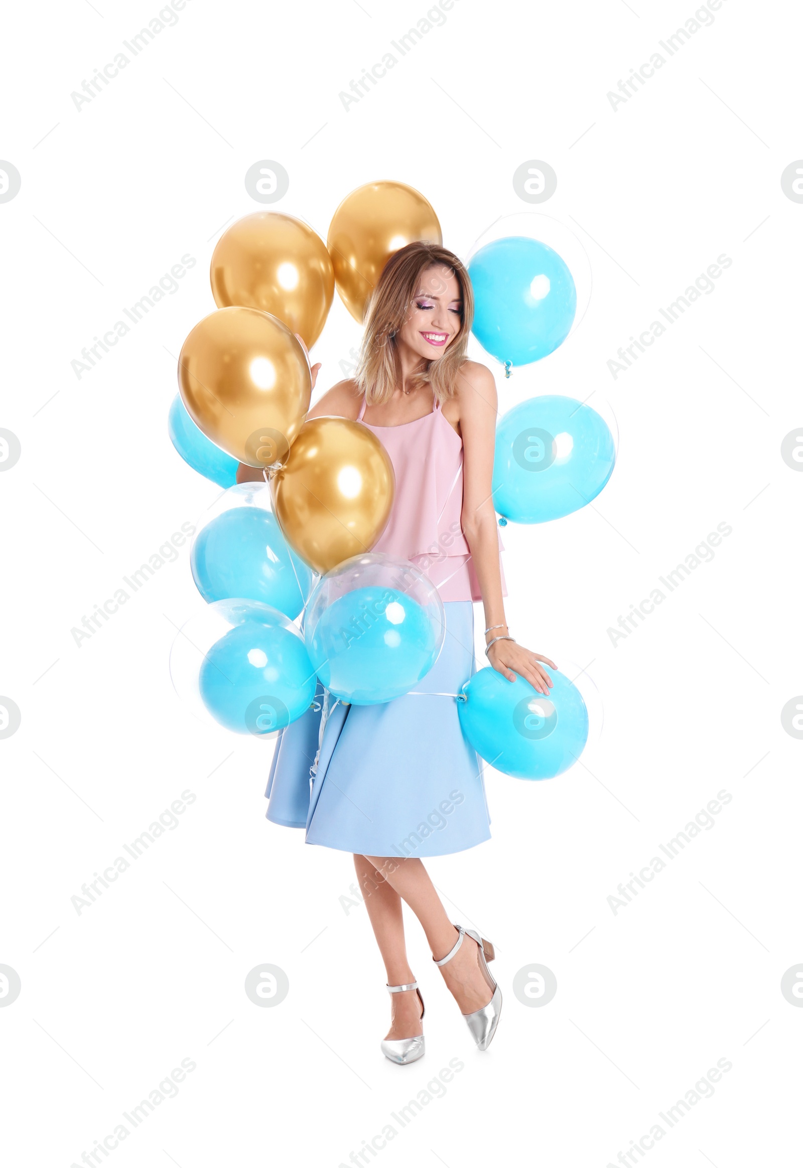 Photo of Young woman with air balloons on white background