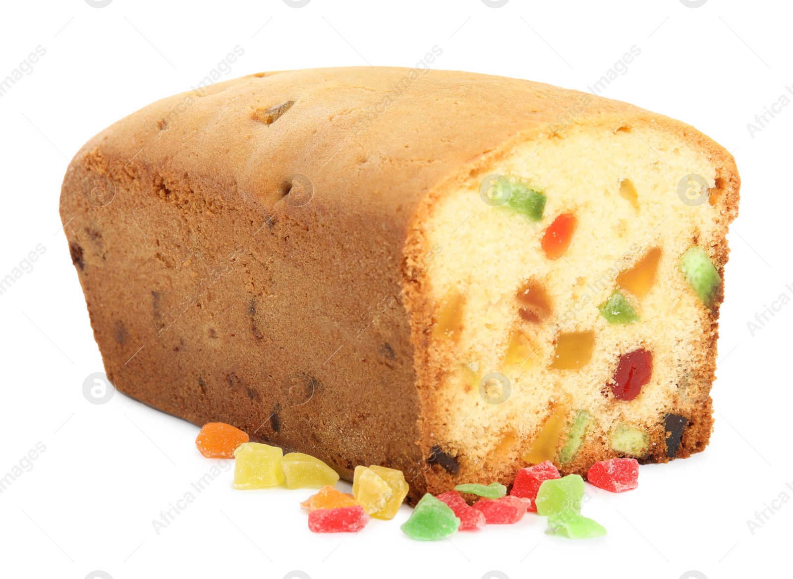 Photo of Delicious cake with candied fruits on white background