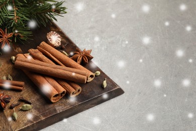 Image of Different spices and fir tree branches on grey table, space for text. Cinnamon, anise, cardamom, cloves, nutmeg