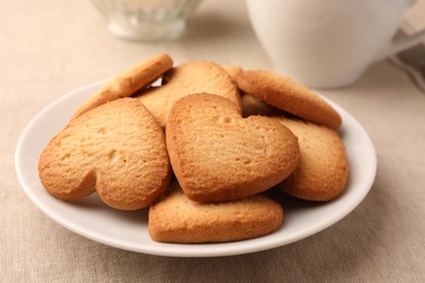 Heart shaped Danish butter cookies on table, closeup