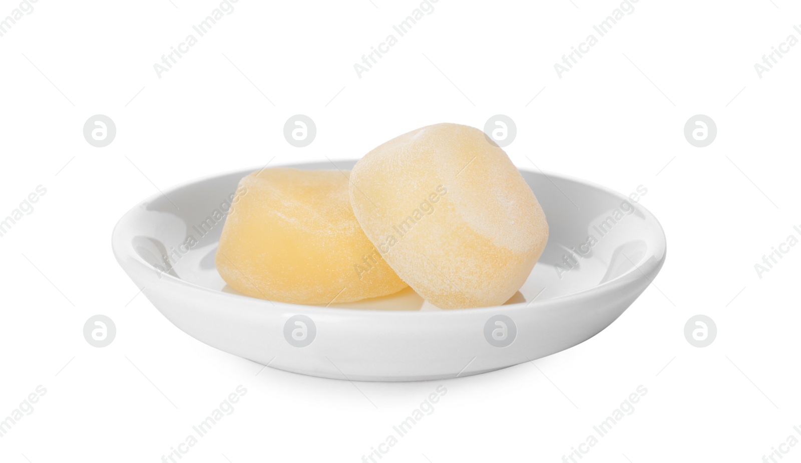 Photo of Plate with delicious mochi on white background. Traditional Japanese dessert