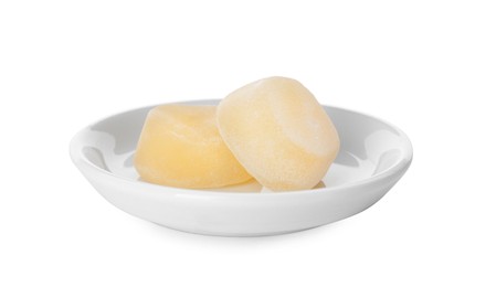 Photo of Plate with delicious mochi on white background. Traditional Japanese dessert