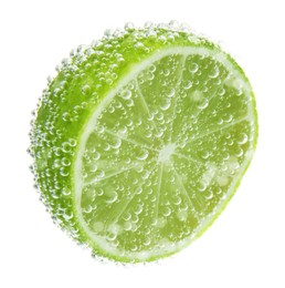 Photo of Fresh lime in sparkling water on white background