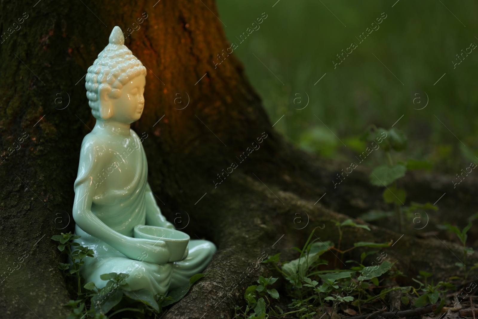 Photo of Decorative Buddha statue near tree outdoors, space for text
