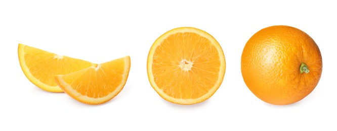 Image of Set with tasty ripe oranges on white background. Banner design 