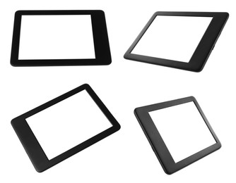 Image of Set with ebook readers on white background