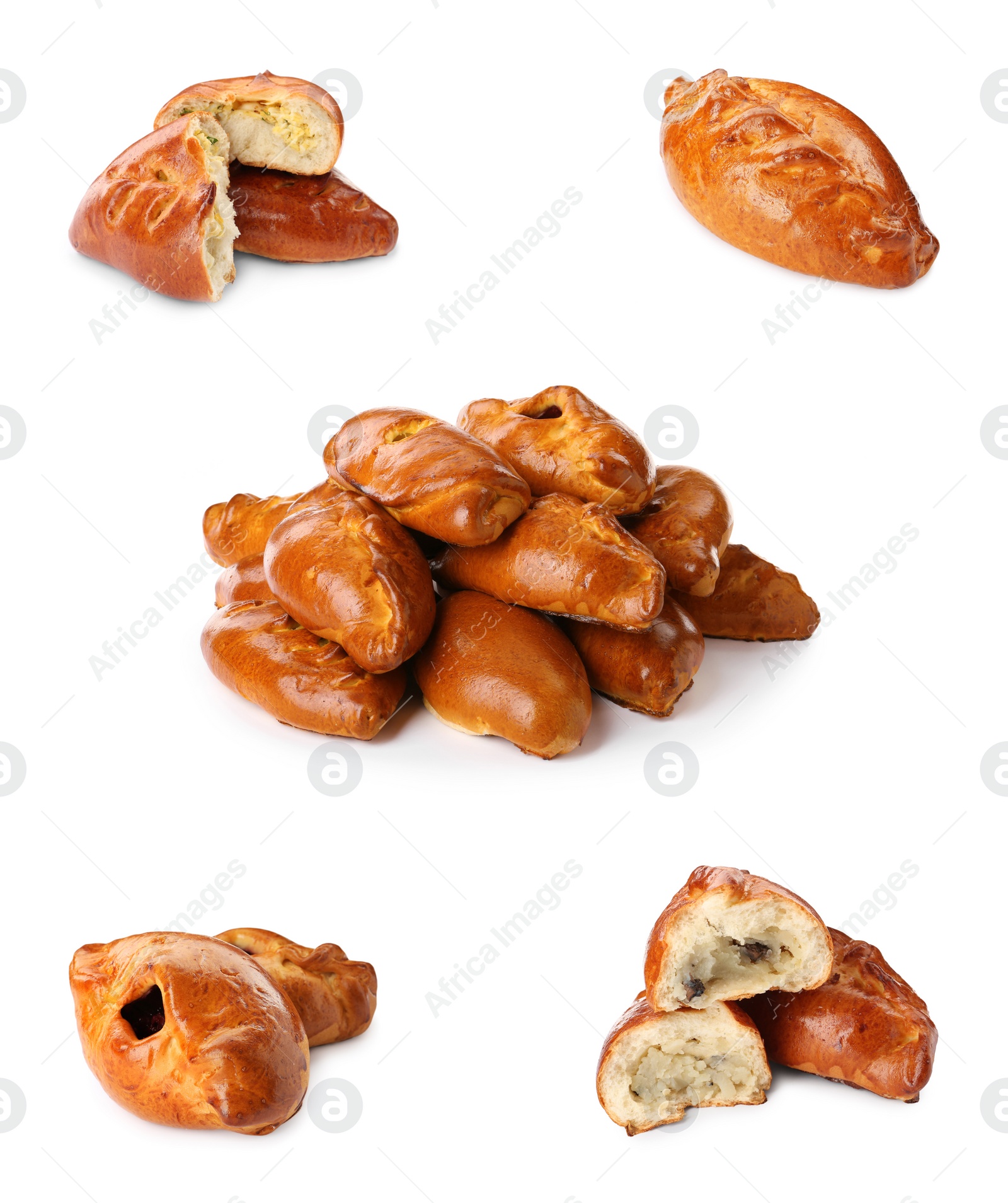 Image of Set with delicious baked patties on white background