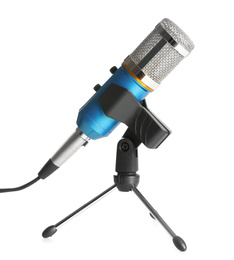 Photo of Modern microphone isolated on white. Journalist's equipment