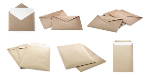 Image of Set with blank kraft paper envelopes on white background