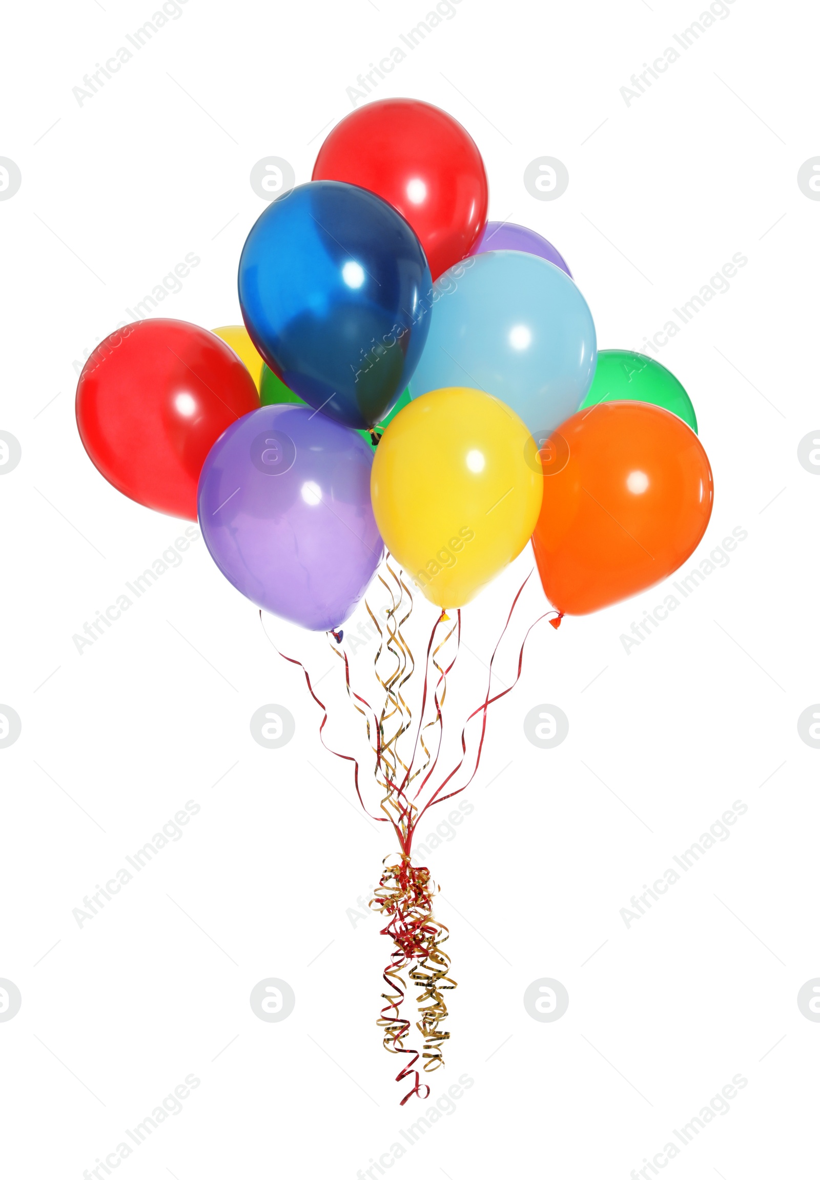 Photo of Bunch of bright balloons on white background