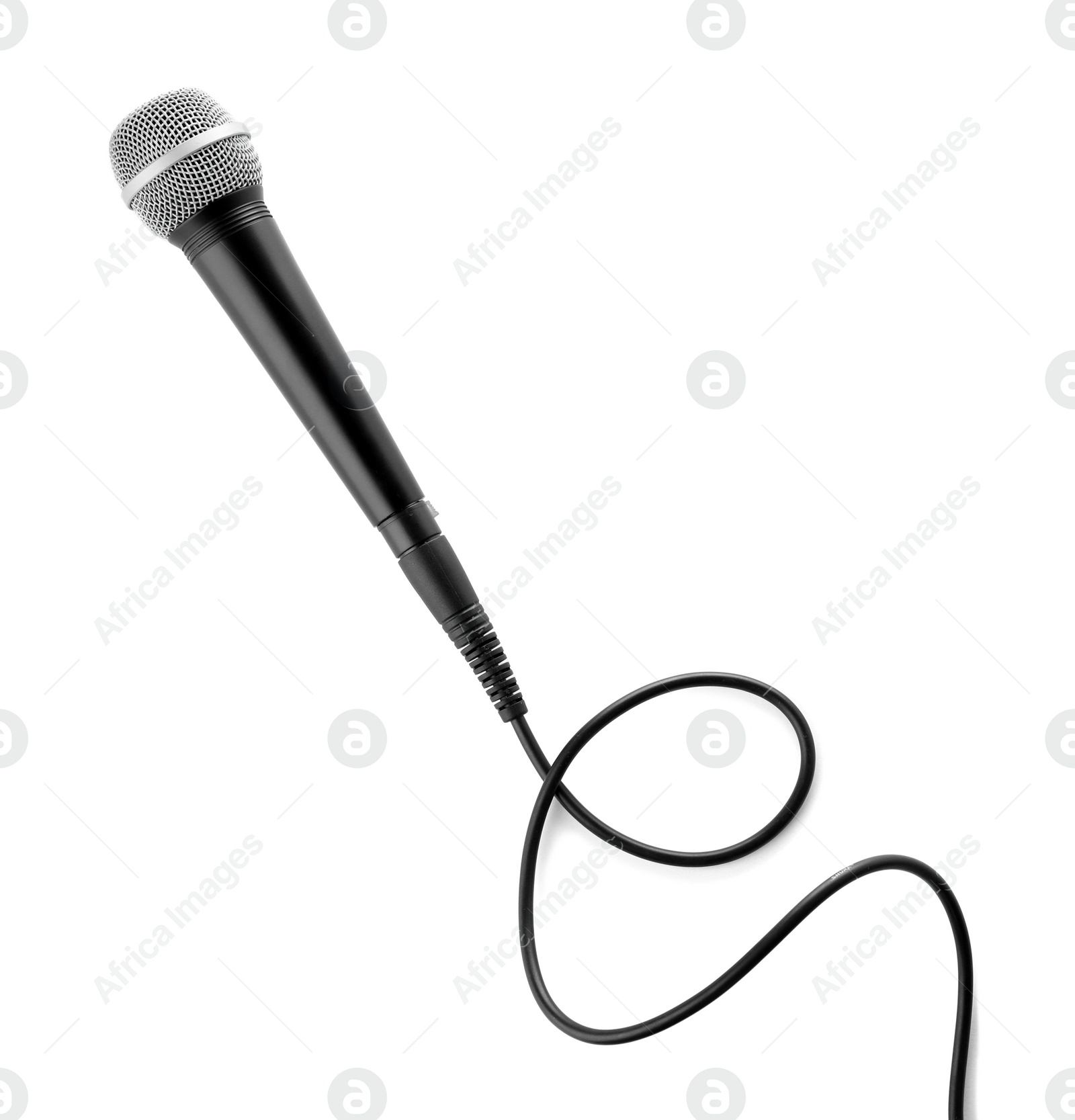 Photo of Microphone with wire on white background, top view