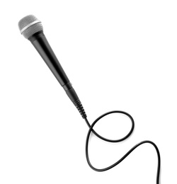 Photo of Microphone with wire on white background, top view